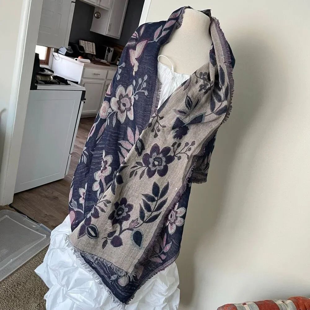 VTG Double Weave Floral Shawl Scarf Oversized Navy & Taupe 28x80